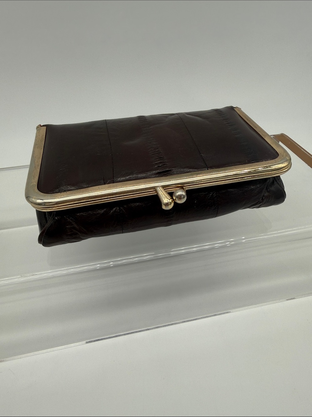 Vintage 80s Cordovan Brown Eel Skin Kiss Lock Cosmetic Case Vanity Pouch